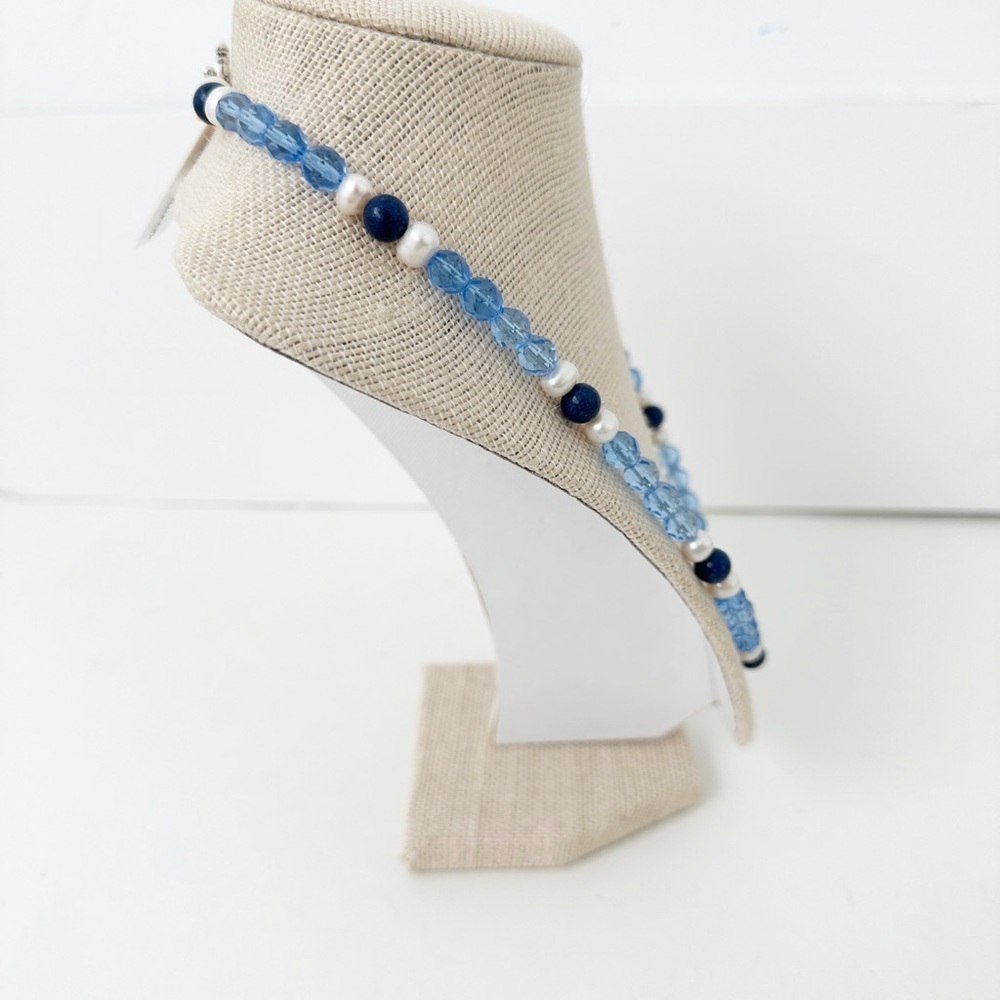 NWT Genuine Lapis, Pearls & Crystals Necklace Blue White Bead Beaded - Picture 2 of 4